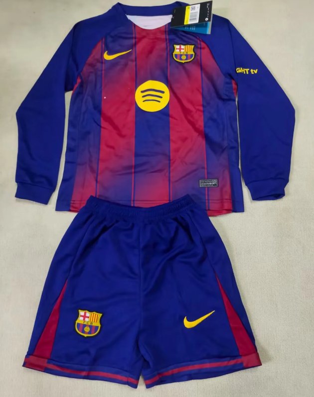 Kids-Barcelona 25/26 Home Long Soccer Jersey